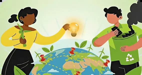 Climate Weeks illustration showing people with plants and recycling bins, with wind turbines and solar panels in the background