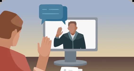 Hiring illustration showing a person on a video call interview with another person on a computer monitor