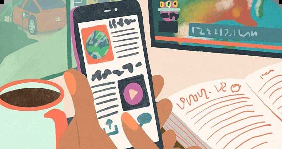 Newsletter illustration showing a person holding a smartphone displaying a news feed with a coffee cup and notebook nearby